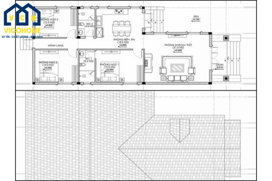 Bản vẽ thiết kế nhà ống cấp 4 3 phòng ngủ 